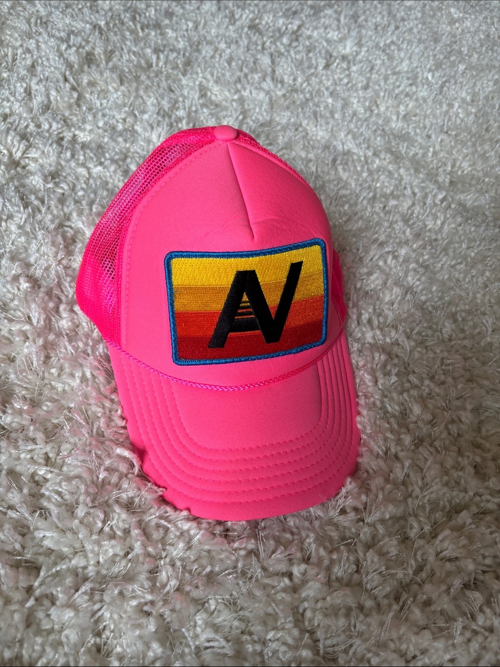 Aviator Nation Neon Pink women’s Trucker Hat with Rainbow 'N' Patch